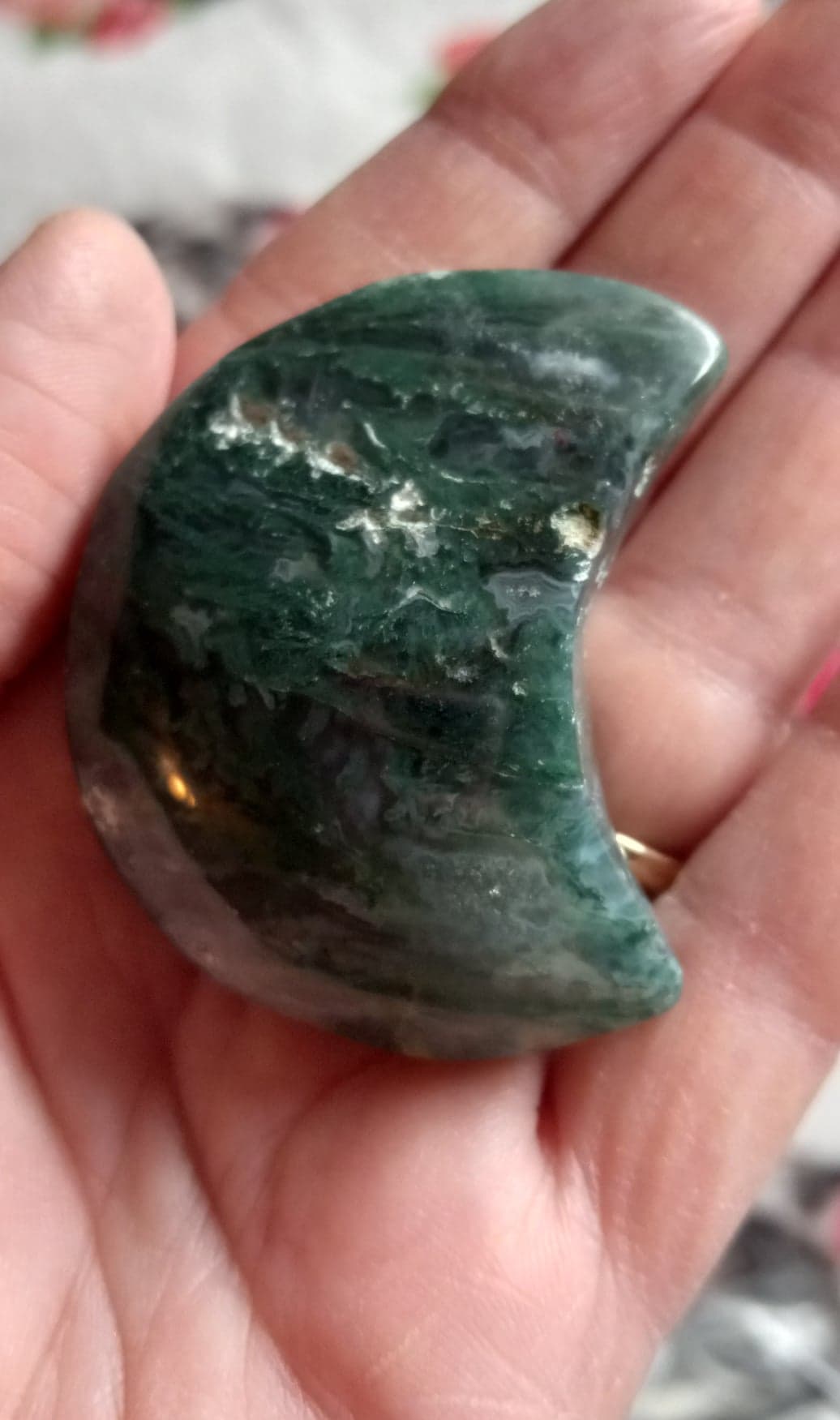 Moss Agate Moon Palm Stone - Click Image to Close